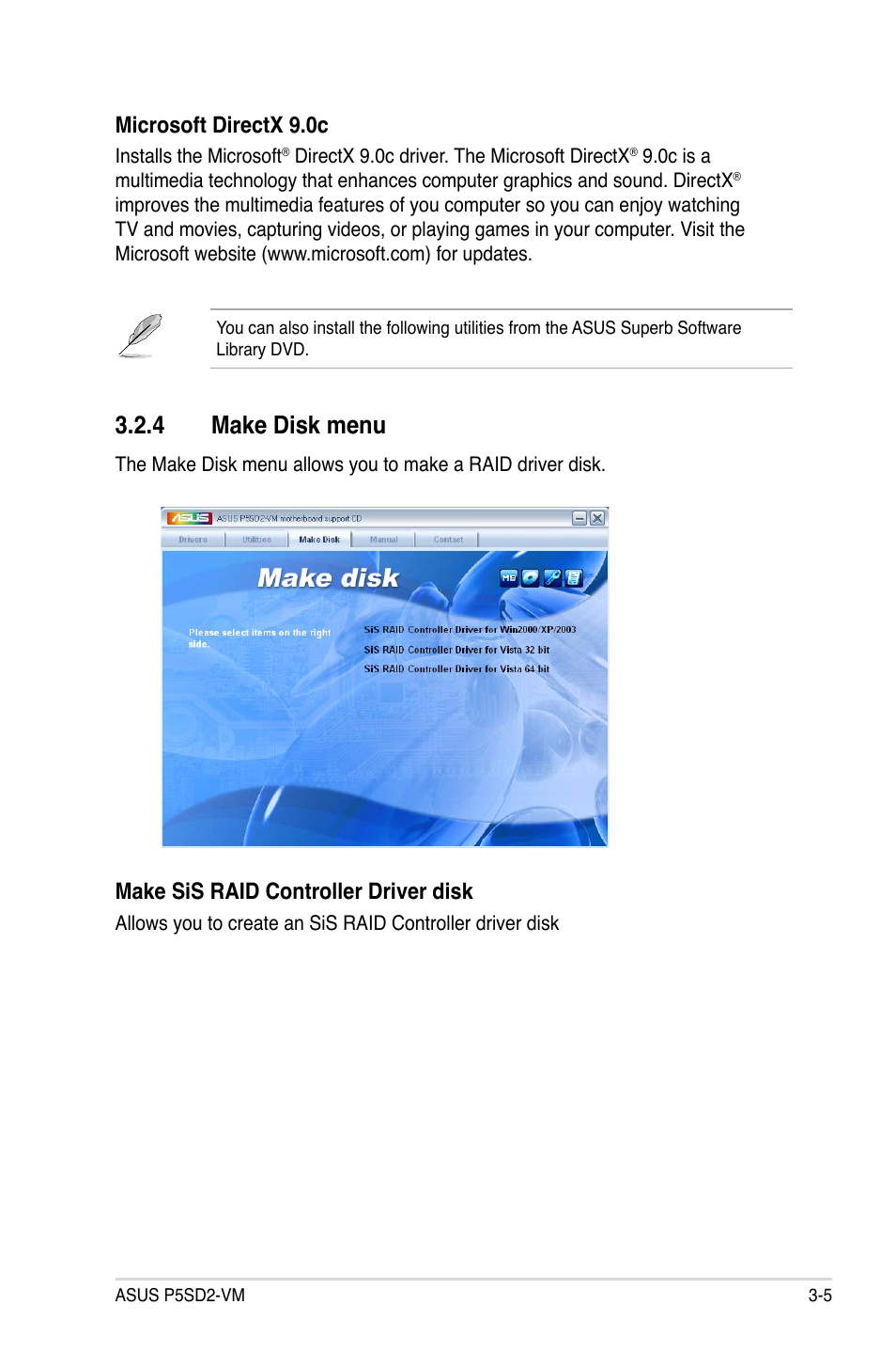 4 make disk menu, Microsoft directx 9.0c, Make sis raid controller driver disk | Asus P5SD2-VM User Manual | Page 83 / 88