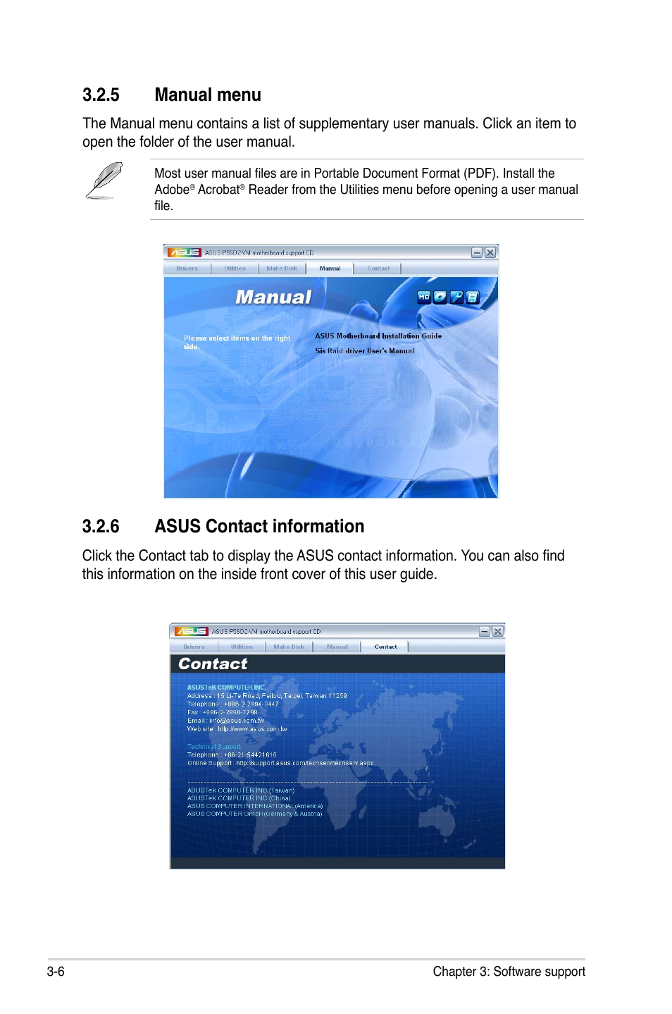 5 manual menu, 6 asus contact information | Asus P5SD2-VM User Manual | Page 84 / 88