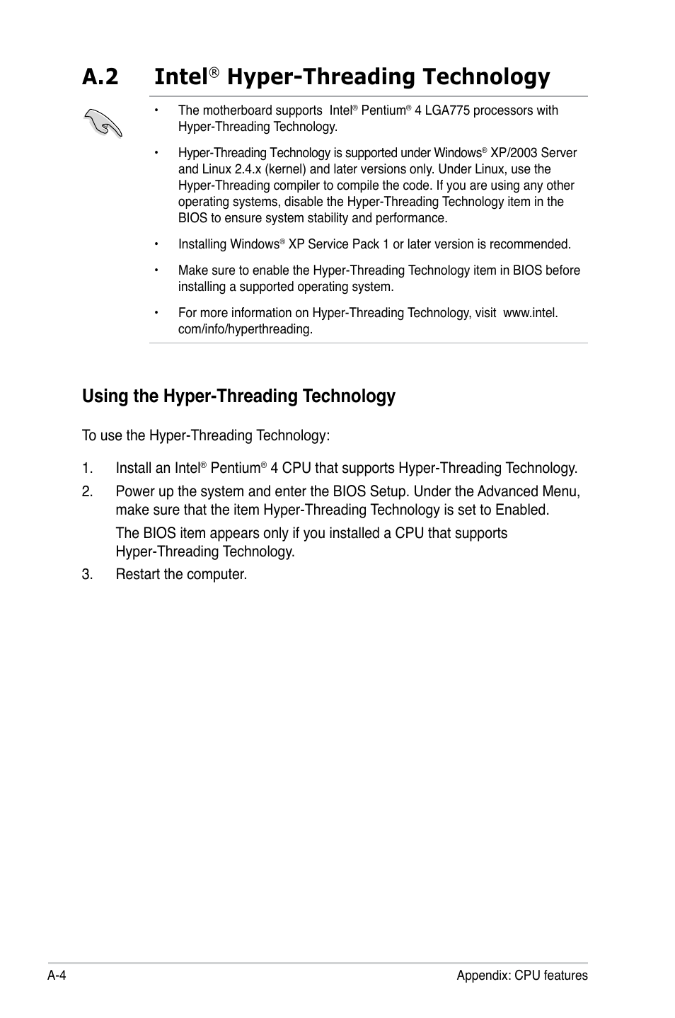 A.2 intel, Hyper-threading technology, Using the hyper-threading technology | Asus P5SD2-VM User Manual | Page 88 / 88