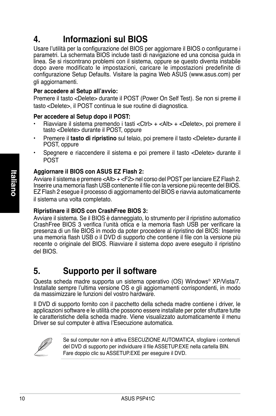 Informazioni sul bios, Supporto per il software, Italiano | Asus P5P41C User Manual | Page 10 / 41