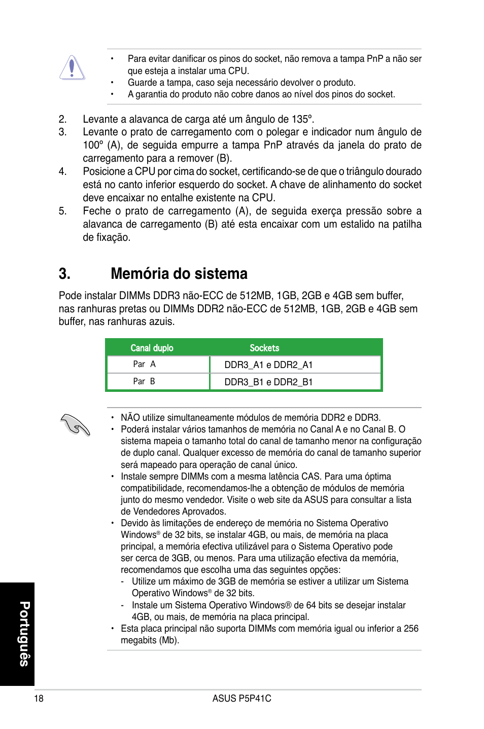 Memória do sistema, Português | Asus P5P41C User Manual | Page 18 / 41