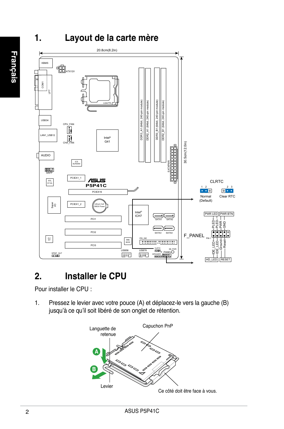 Installer le cpu, Layout de la carte mère, Français | Asus p5p41c a b, F_panel, P5p41c | Asus P5P41C User Manual | Page 2 / 41