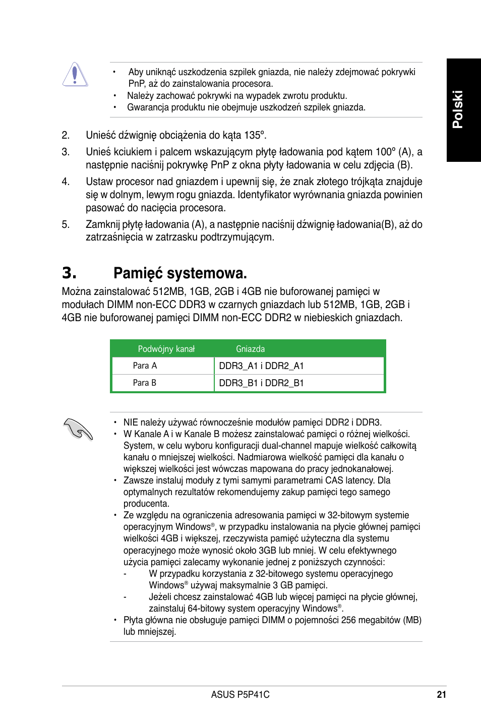 Pamięć systemowa, Polski | Asus P5P41C User Manual | Page 21 / 41