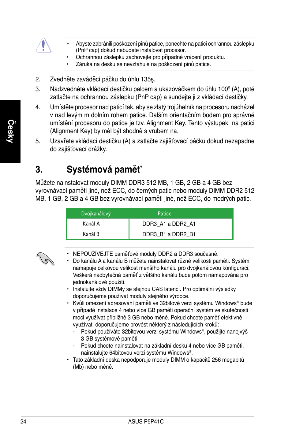 Systémová pamět, Česky | Asus P5P41C User Manual | Page 24 / 41