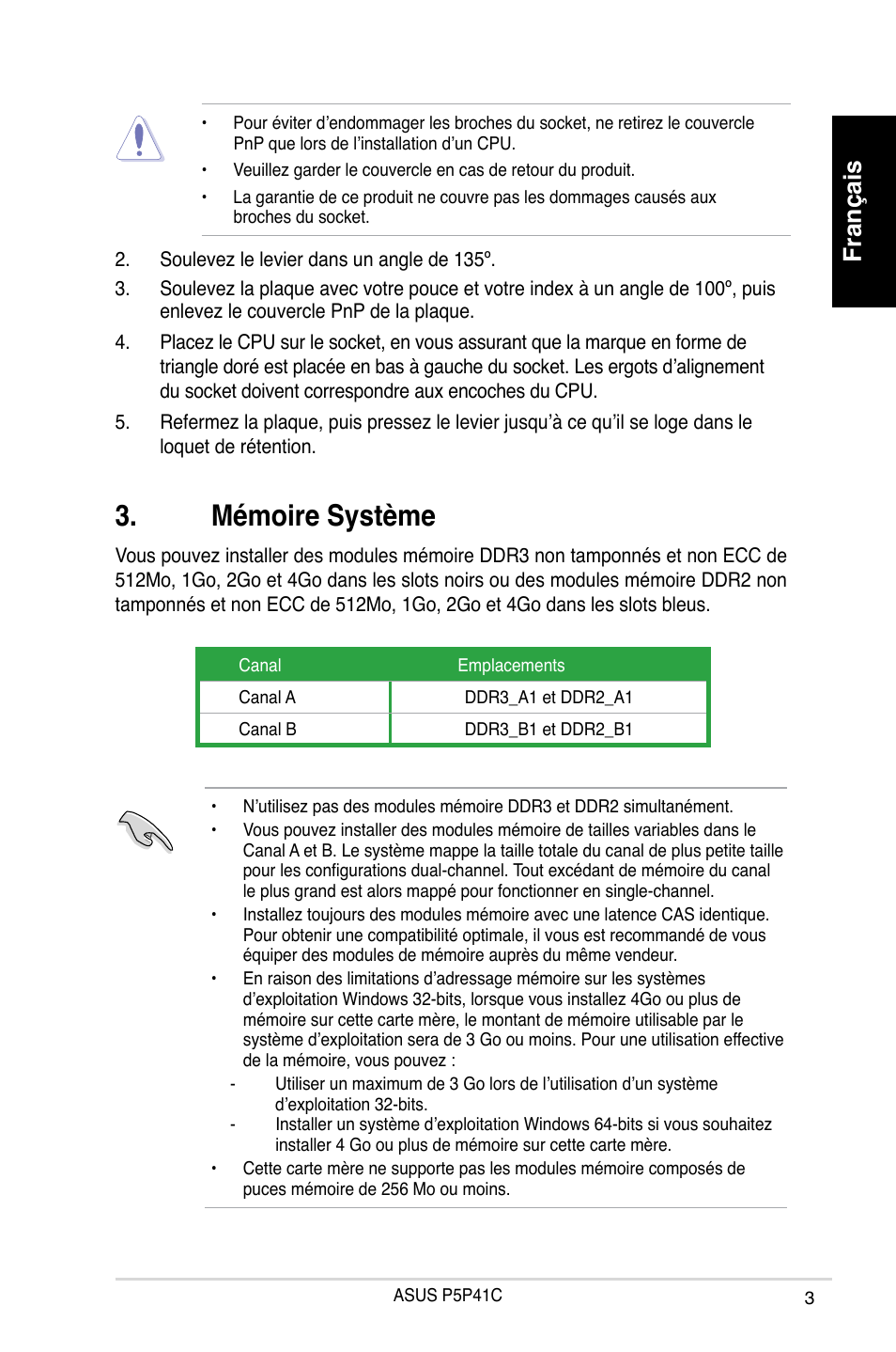 Mémoire système, Français | Asus P5P41C User Manual | Page 3 / 41
