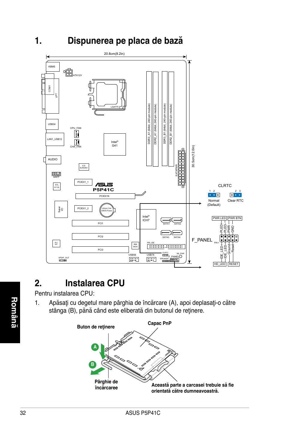 Dispunerea pe placa de bază 2. instalarea cpu, Română, F_panel | P5p41c | Asus P5P41C User Manual | Page 32 / 41