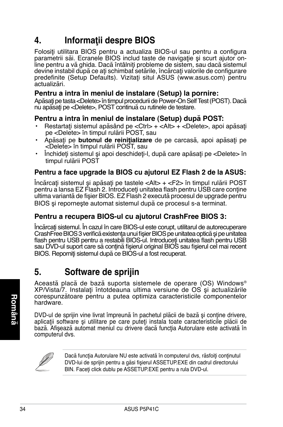 Informaţii despre bios, Software de sprijin, Română | Asus P5P41C User Manual | Page 34 / 41