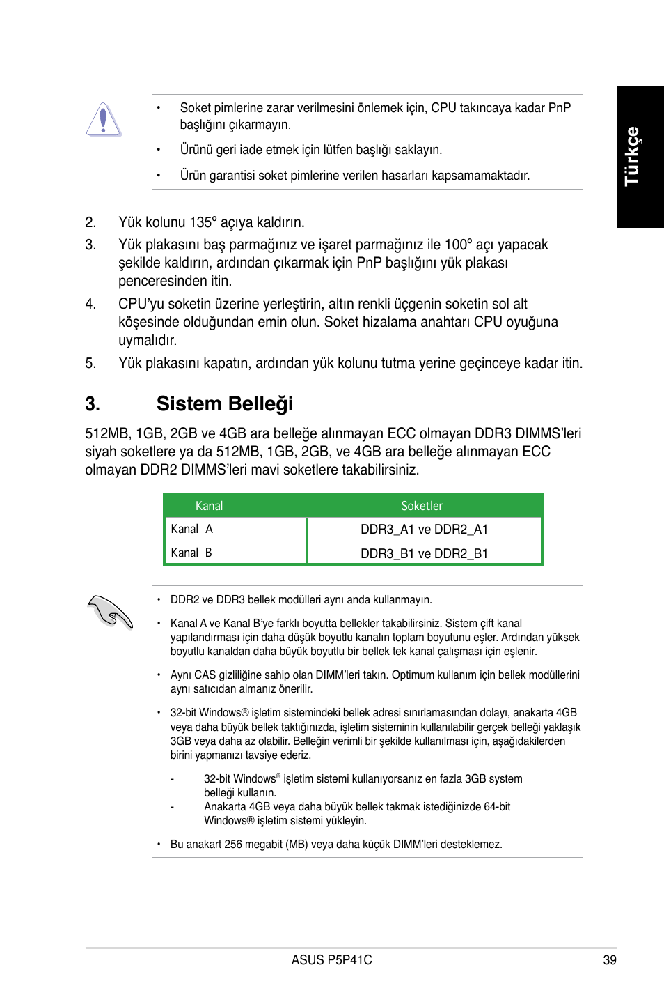 Sistem belleği, Türkçe | Asus P5P41C User Manual | Page 39 / 41