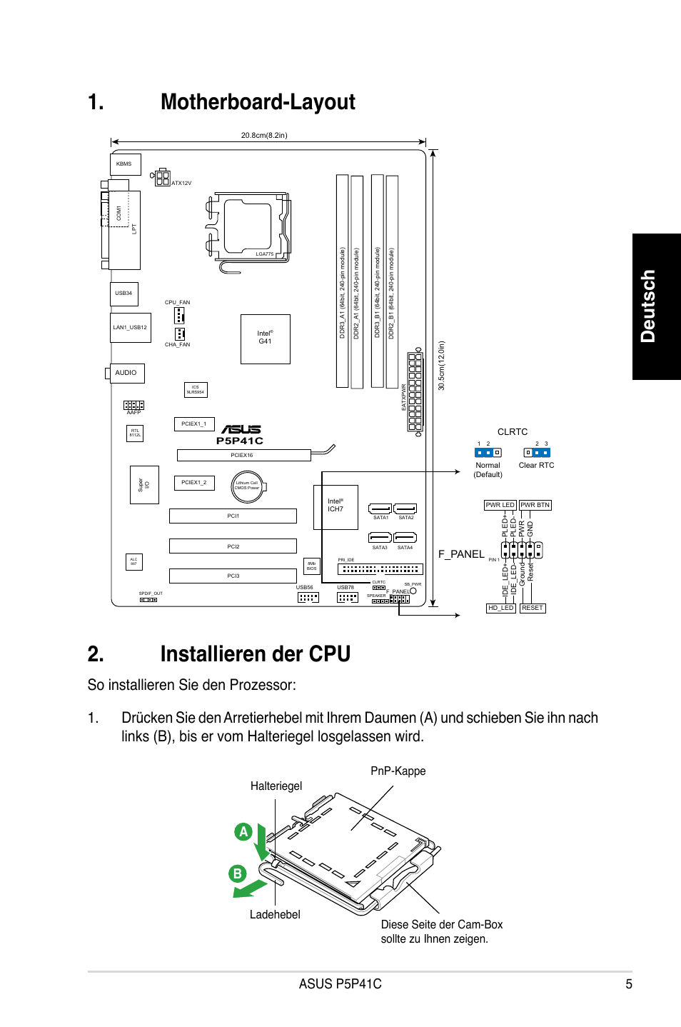 Motherboard-layout 2. installieren der cpu, Deutsch, Asus p5p41c a b | F_panel | Asus P5P41C User Manual | Page 5 / 41