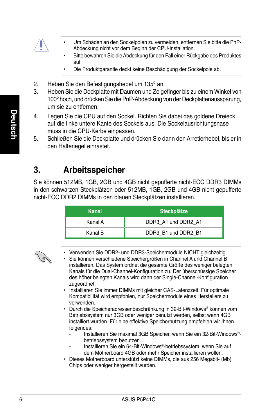 Arbeitsspeicher, Deutsch | Asus P5P41C User Manual | Page 6 / 41