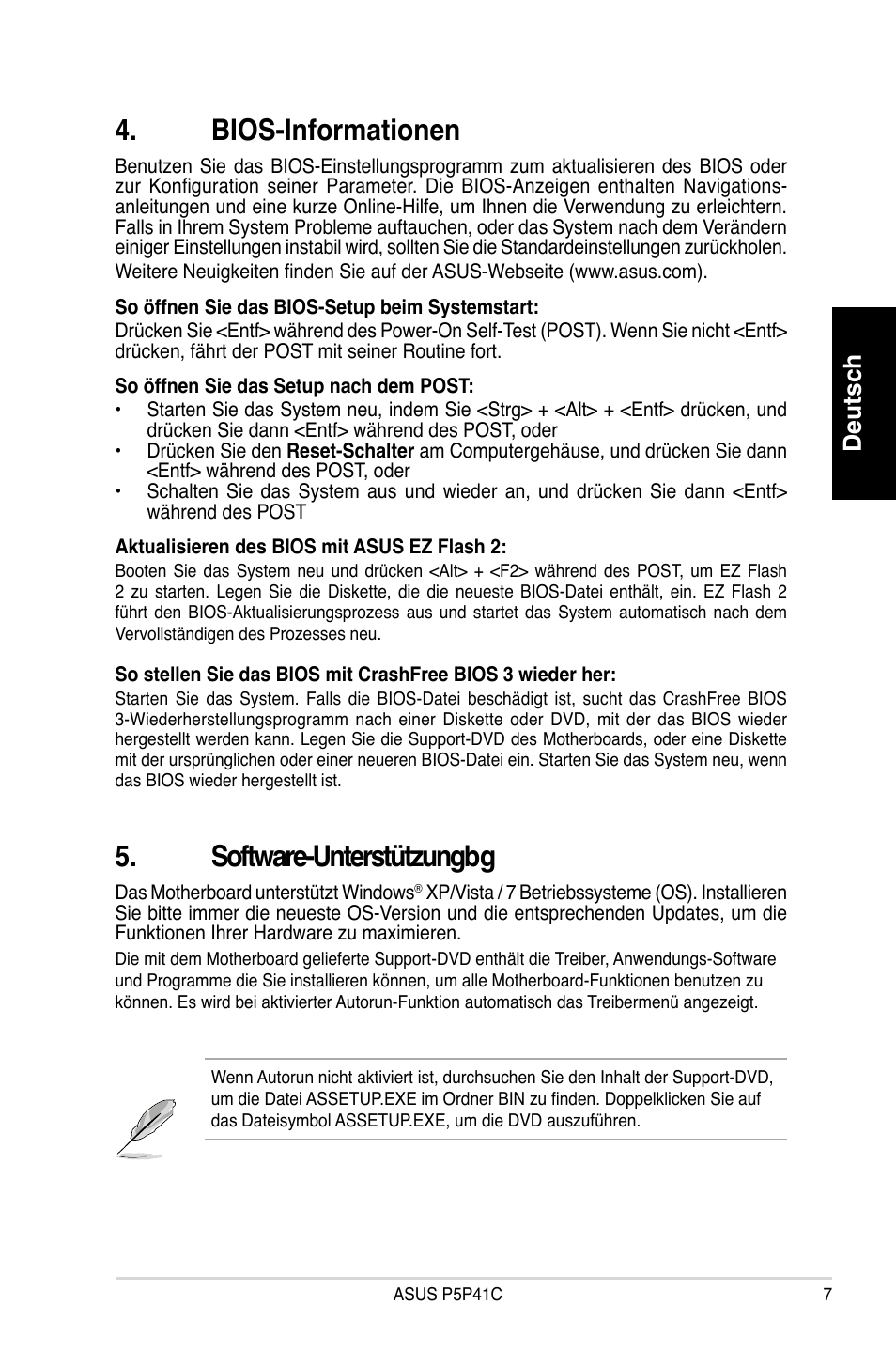 Bios-informationen, Software-unterstützungbg, Deutsch | Asus P5P41C User Manual | Page 7 / 41