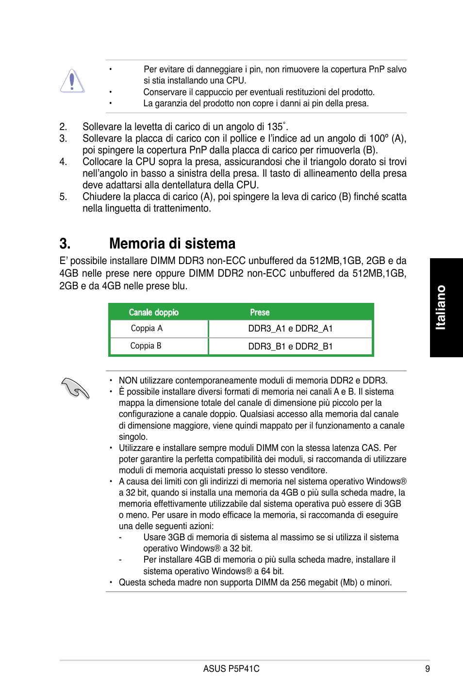 Italiano | Asus P5P41C User Manual | Page 9 / 41