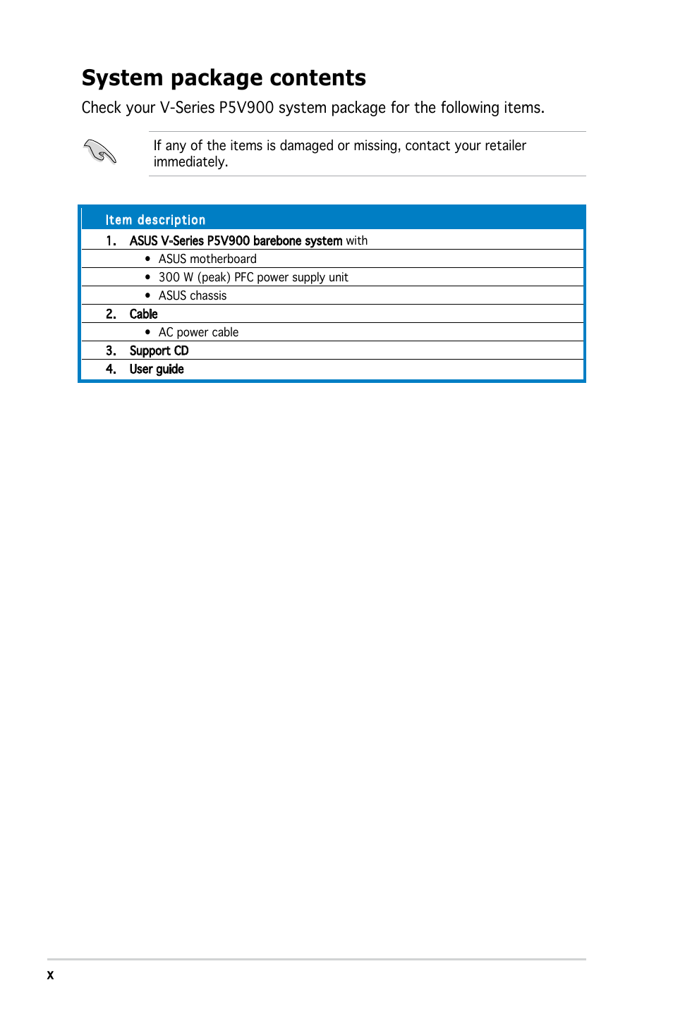 System package contents | Asus V3-P5V900 User Manual | Page 10 / 98