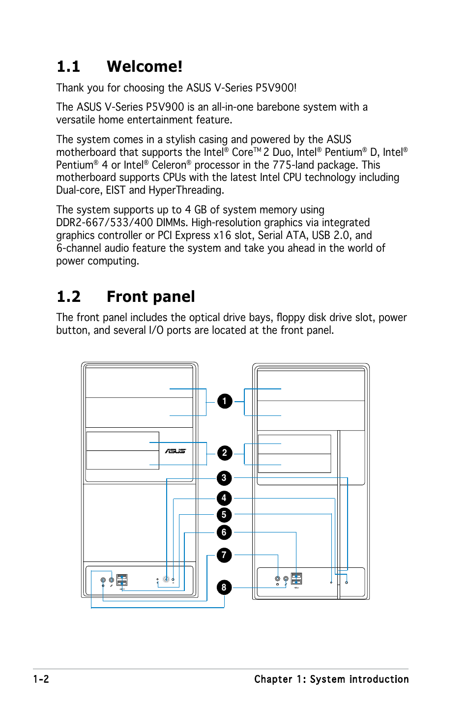 1 welcome, 2 front panel | Asus V3-P5V900 User Manual | Page 12 / 98