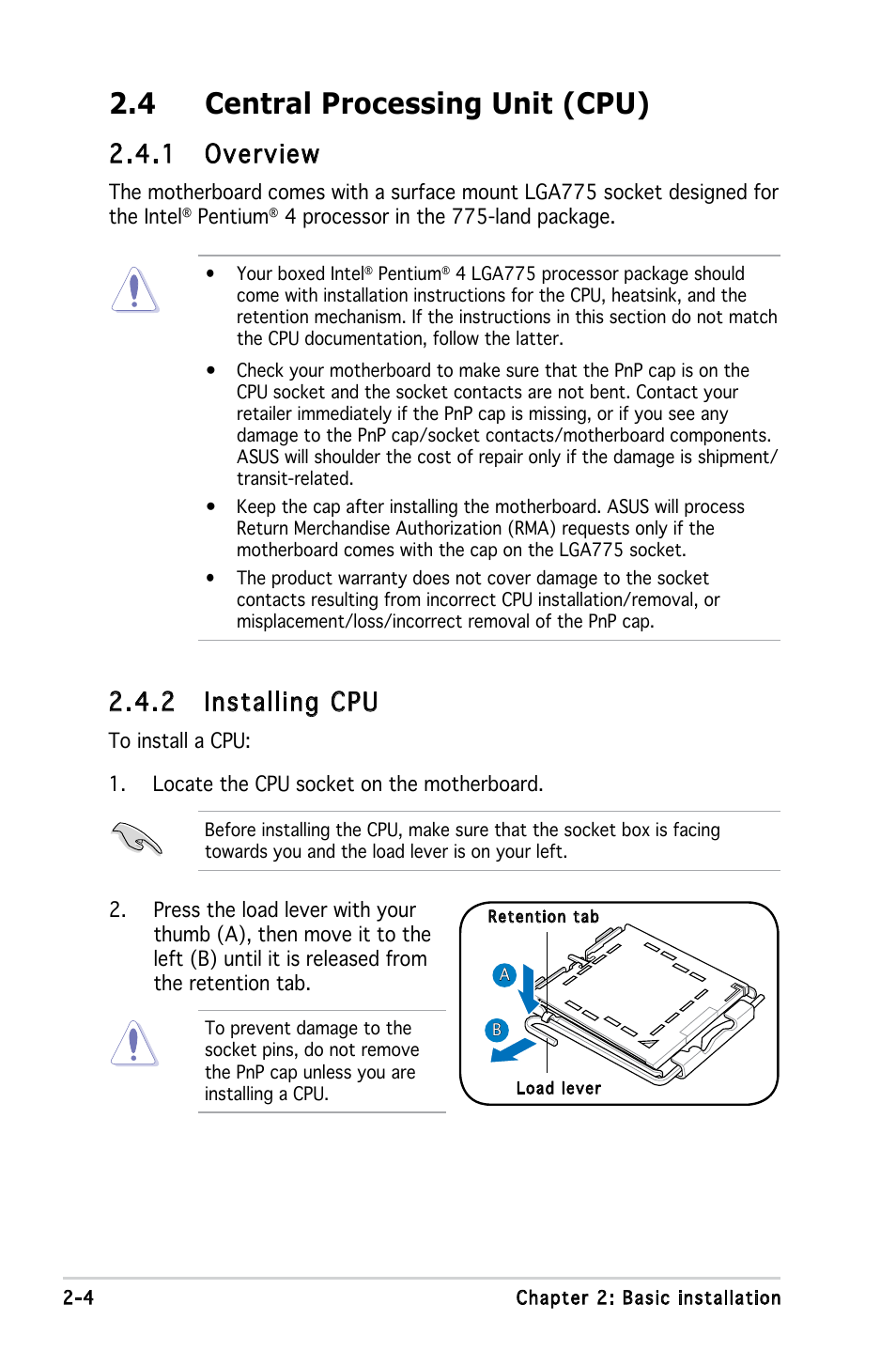 4 central processing unit (cpu), 1 overview, 2 installing cpu | Asus V3-P5V900 User Manual | Page 22 / 98