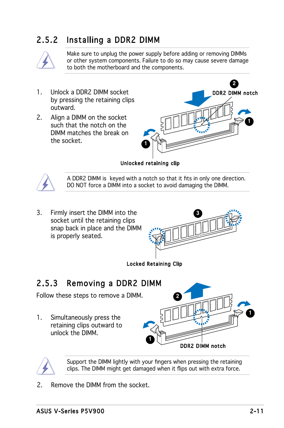 3 removing a ddr2 dimm, 2 installing a ddr2 dimm | Asus V3-P5V900 User Manual | Page 29 / 98