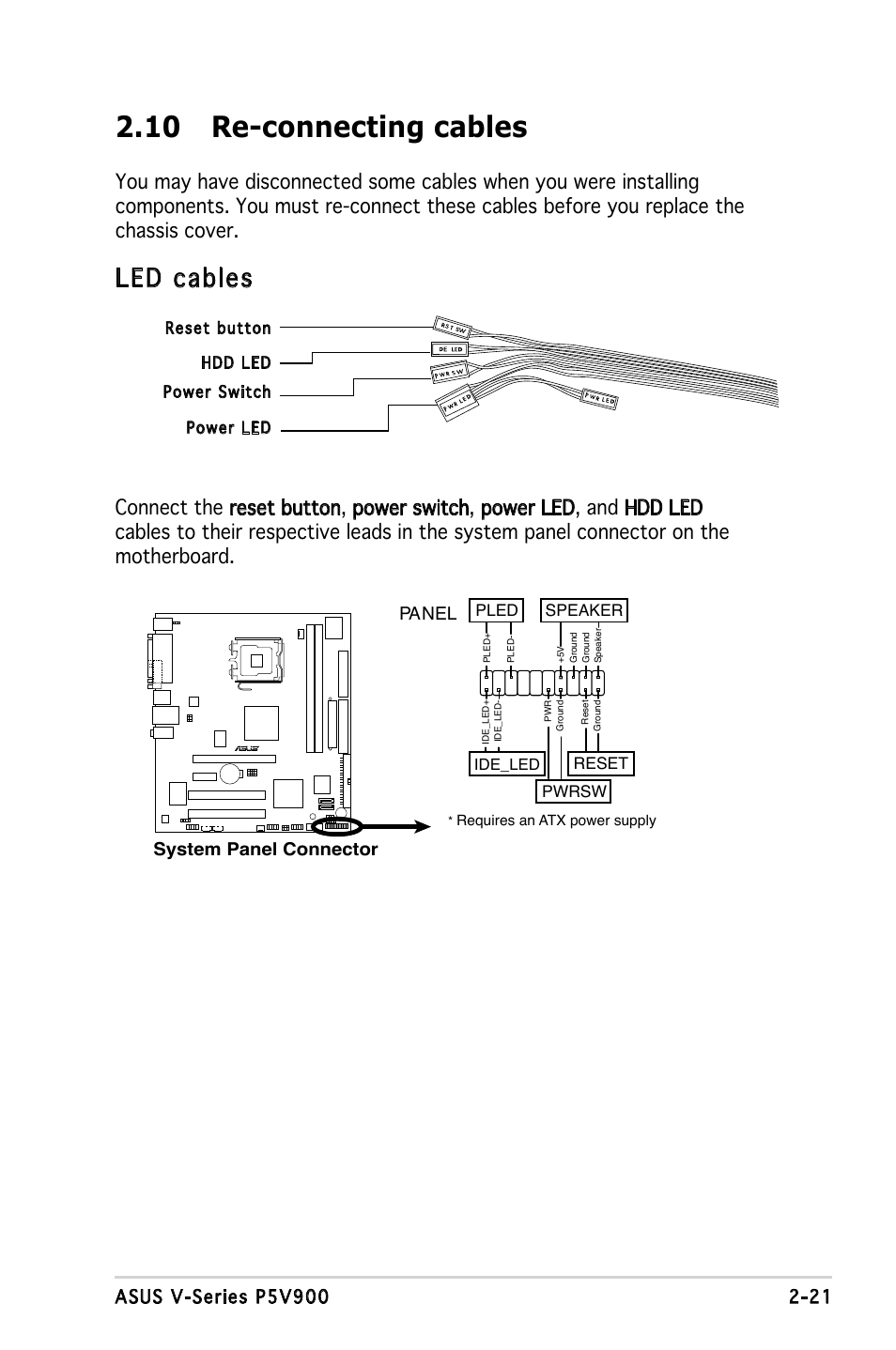 10 re-connecting cables, Led cables | Asus V3-P5V900 User Manual | Page 39 / 98