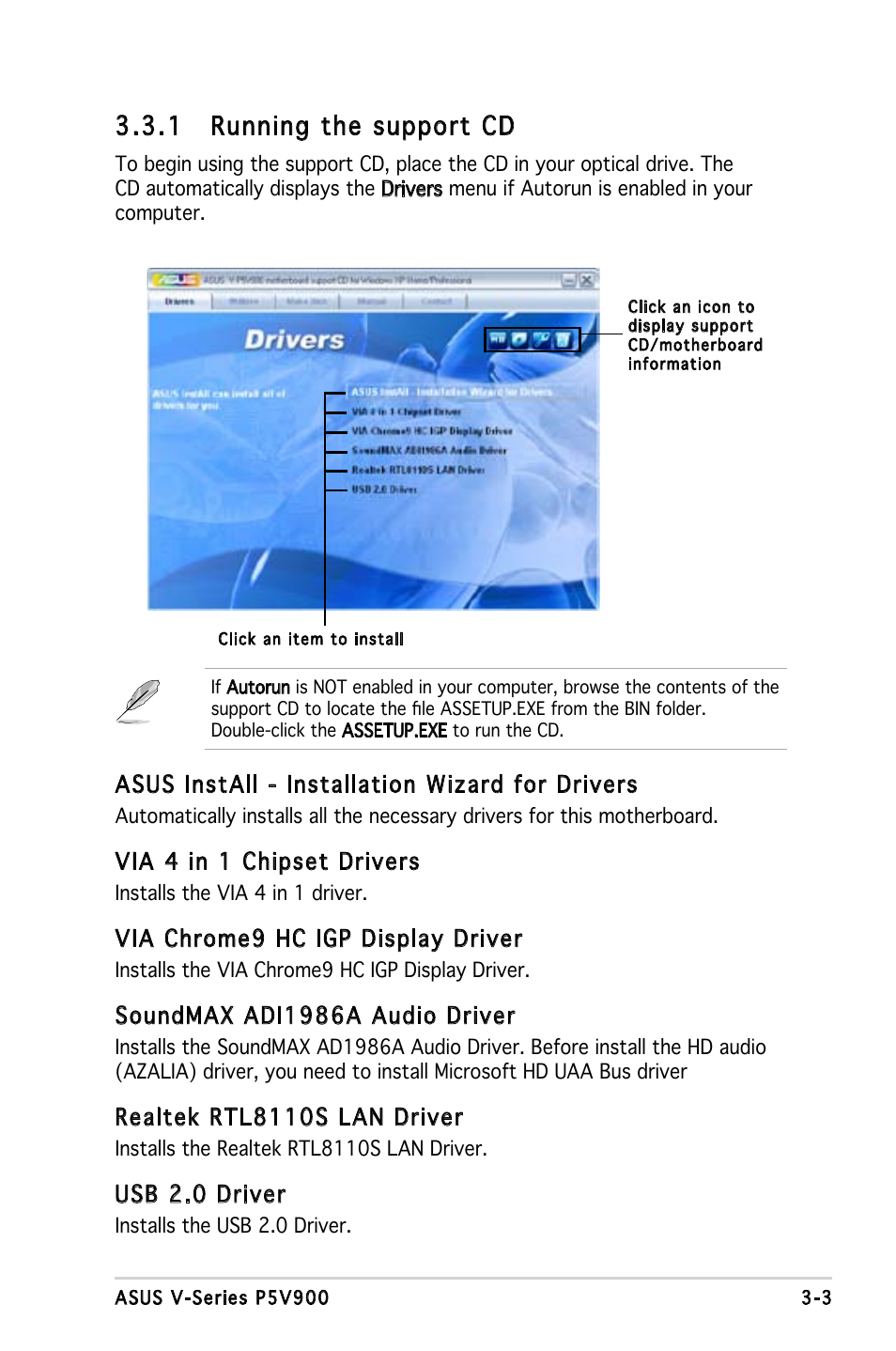 1 running the support cd | Asus V3-P5V900 User Manual | Page 43 / 98