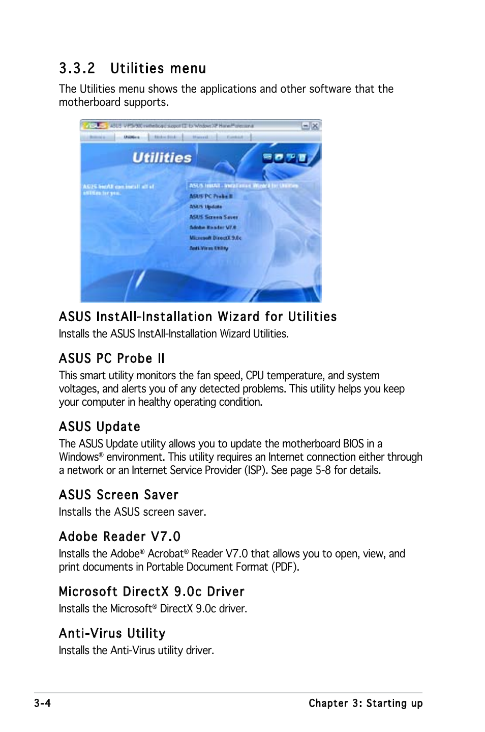 2 utilities menu | Asus V3-P5V900 User Manual | Page 44 / 98