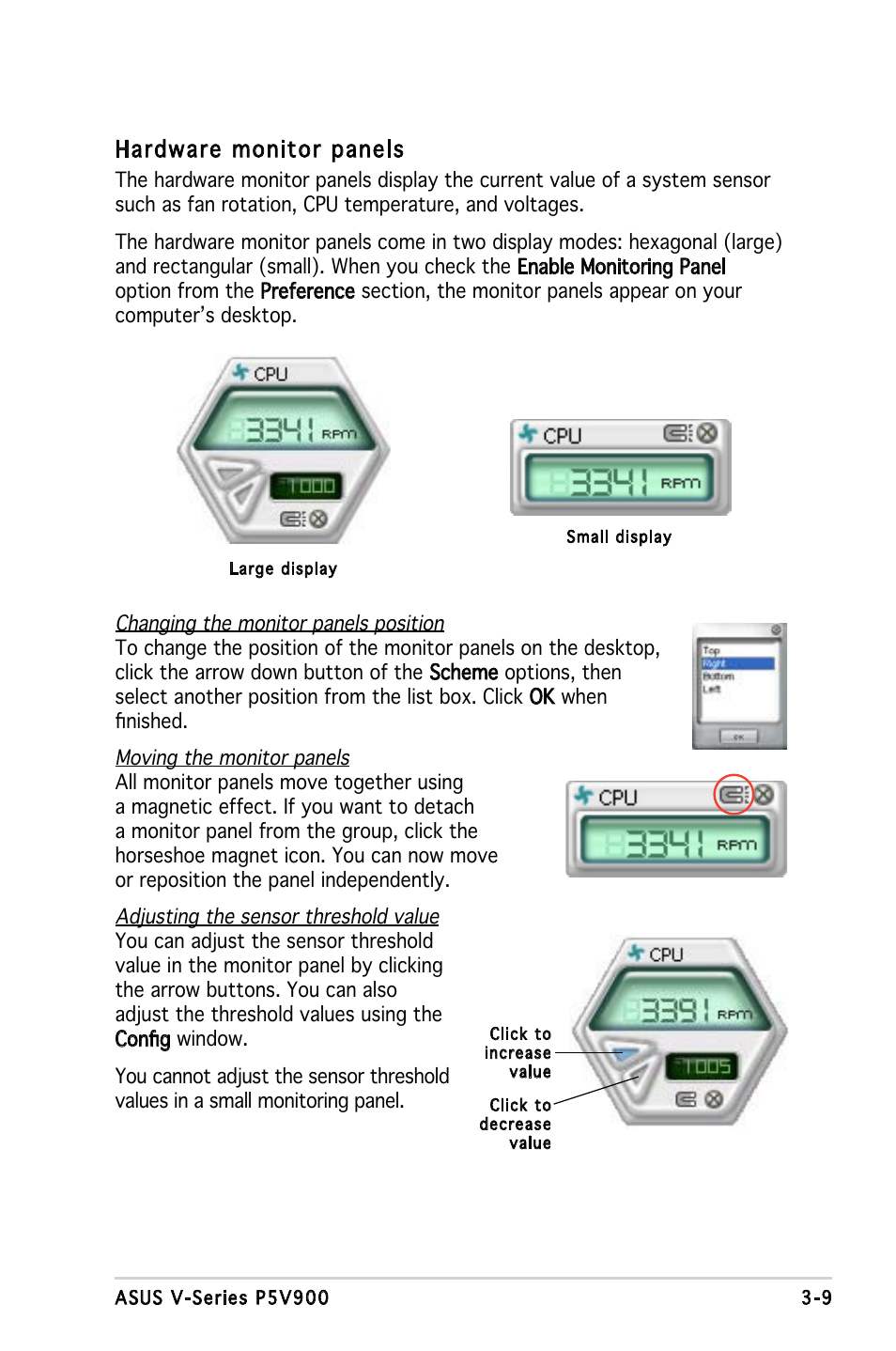 Hardware monitor panels | Asus V3-P5V900 User Manual | Page 49 / 98