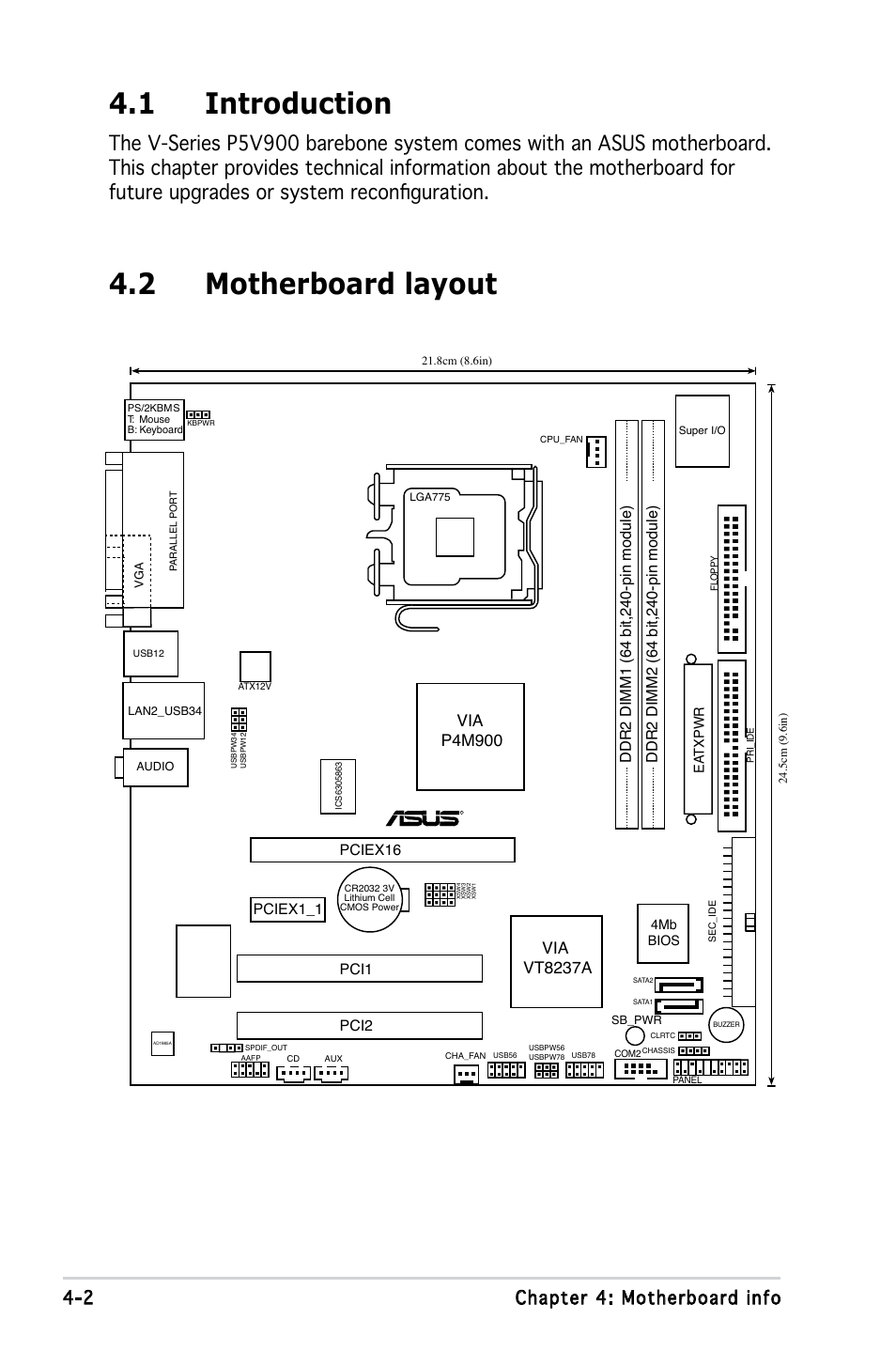 1 introduction, 2 motherboard layout, 2 chapter 4: motherboard info | Asus V3-P5V900 User Manual | Page 54 / 98