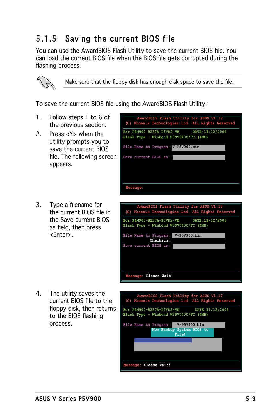 5 saving the current bios file | Asus V3-P5V900 User Manual | Page 73 / 98