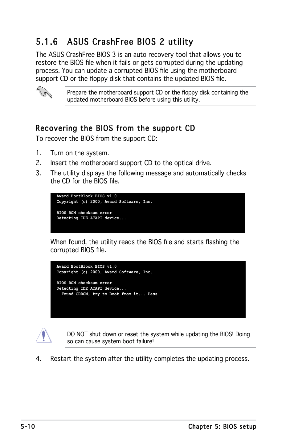 6 asus crashfree bios 2 utility, Recovering the bios from the support cd | Asus V3-P5V900 User Manual | Page 74 / 98