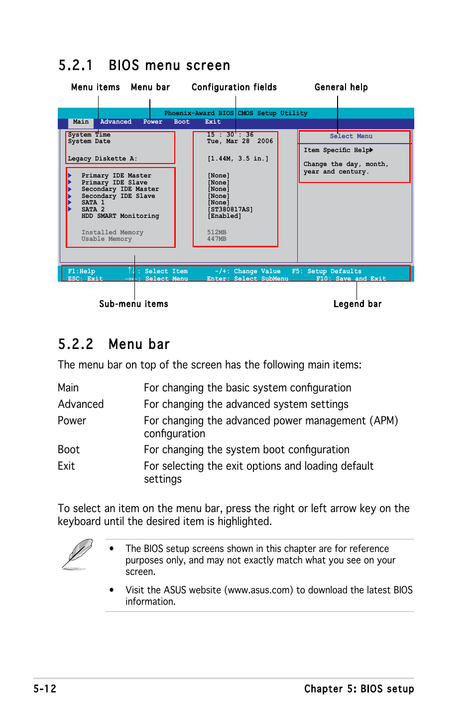 1 bios menu screen, 2 menu bar | Asus V3-P5V900 User Manual | Page 76 / 98