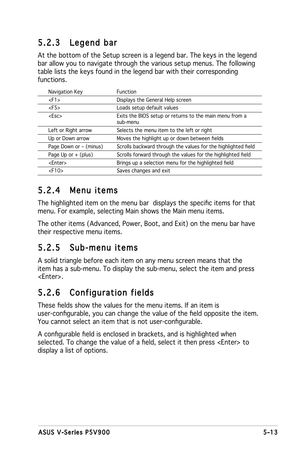 4 menu items, 5 sub-menu items, 6 configuration fields | 3 legend bar | Asus V3-P5V900 User Manual | Page 77 / 98