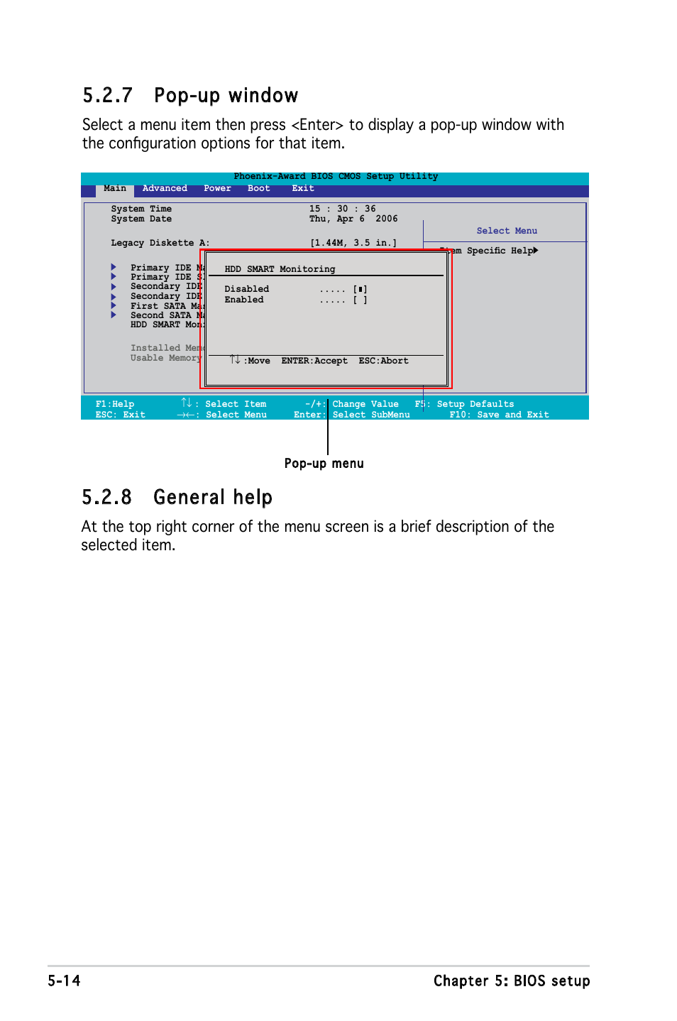 7 pop-up window, 8 general help, 14 chapter 5: bios setup | Asus V3-P5V900 User Manual | Page 78 / 98