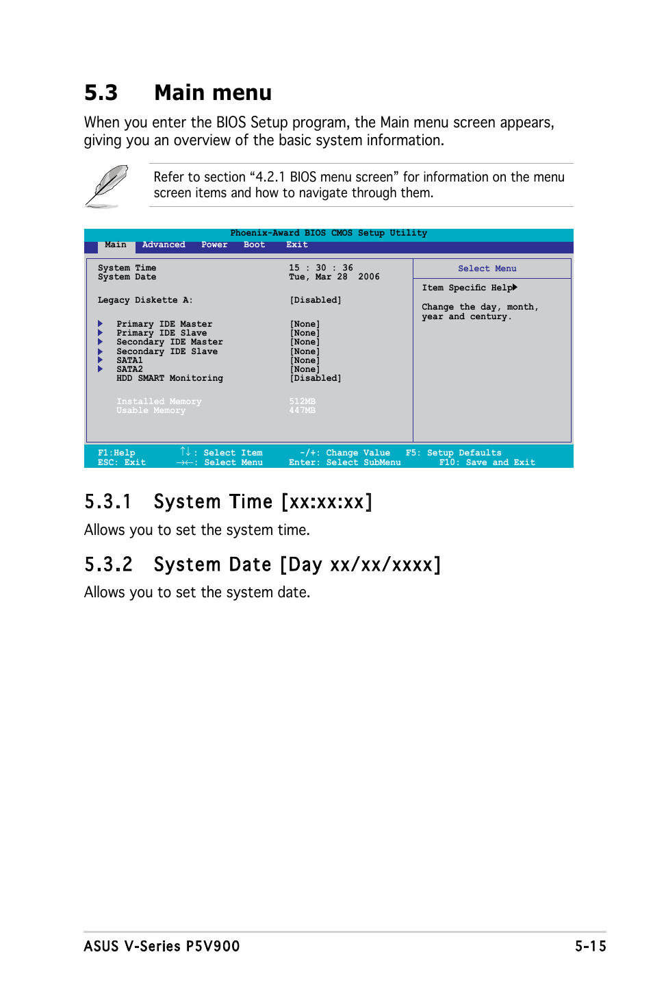 3 main menu, 1 system time [xx:xx:xx, Allows you to set the system time | Allows you to set the system date | Asus V3-P5V900 User Manual | Page 79 / 98