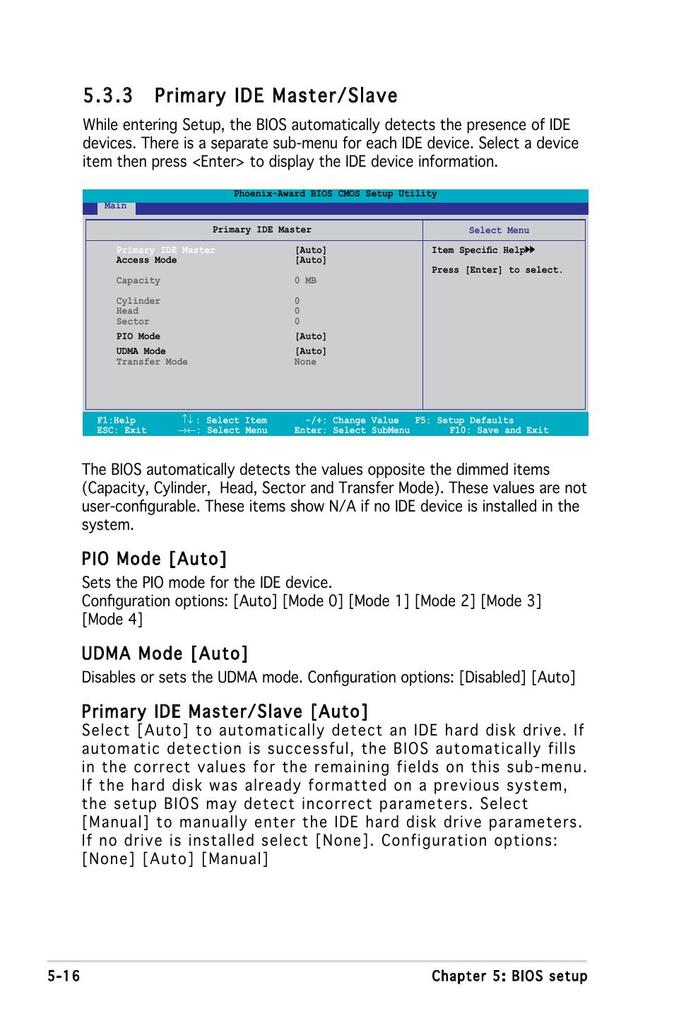 3 primary ide master/slave, Pio mode [auto, Udma mode [auto | Primary ide master/slave [auto | Asus V3-P5V900 User Manual | Page 80 / 98