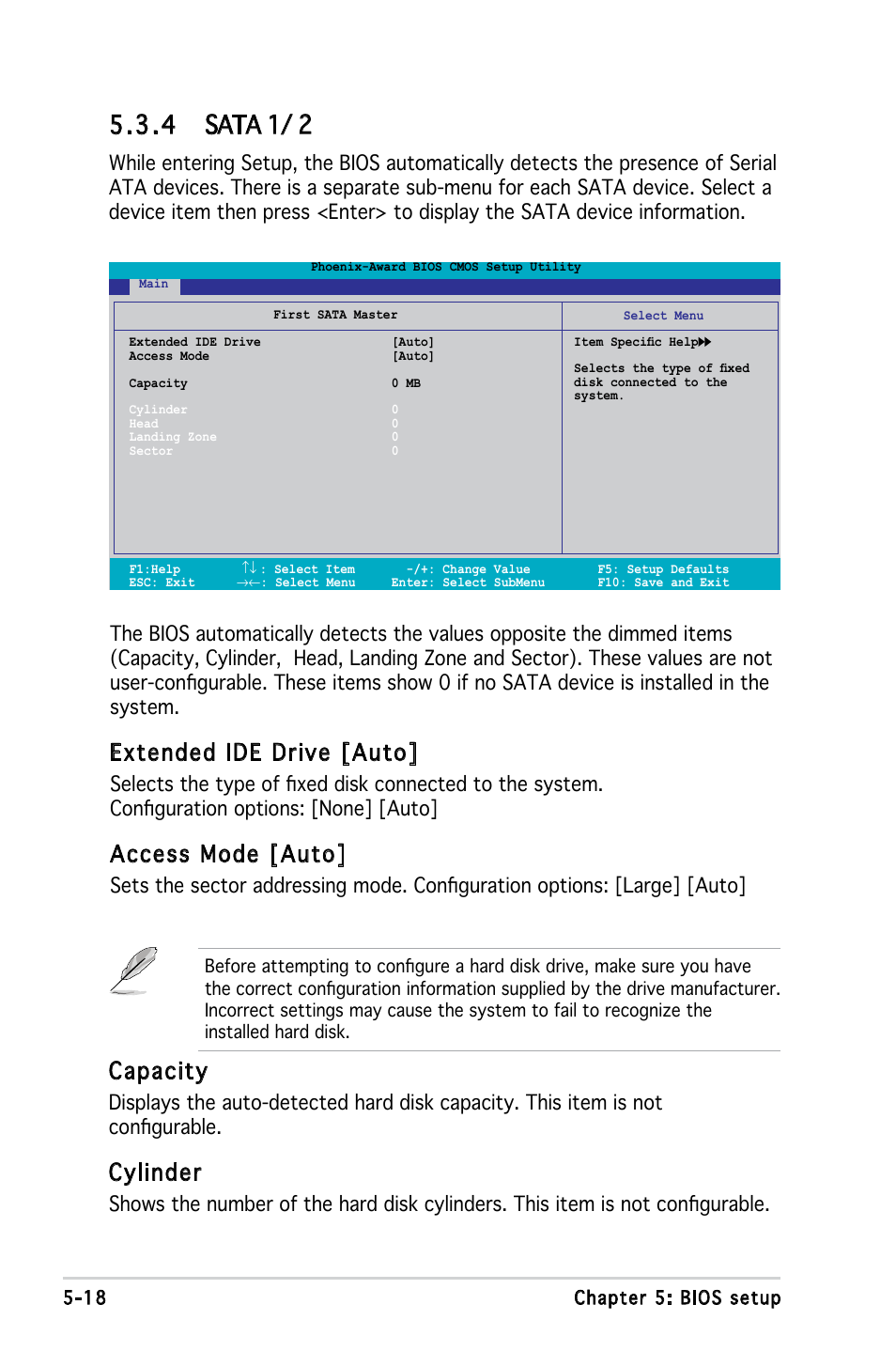 4 sata 1/ 2, Extended ide drive [auto, Access mode [auto | Capacity, Cylinder | Asus V3-P5V900 User Manual | Page 82 / 98