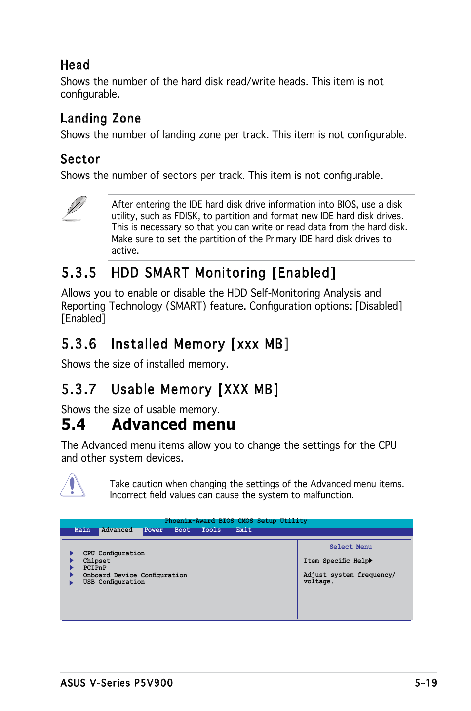 4 advanced menu, 5 hdd smart monitoring [enabled, Head | Landing zone, Sector | Asus V3-P5V900 User Manual | Page 83 / 98