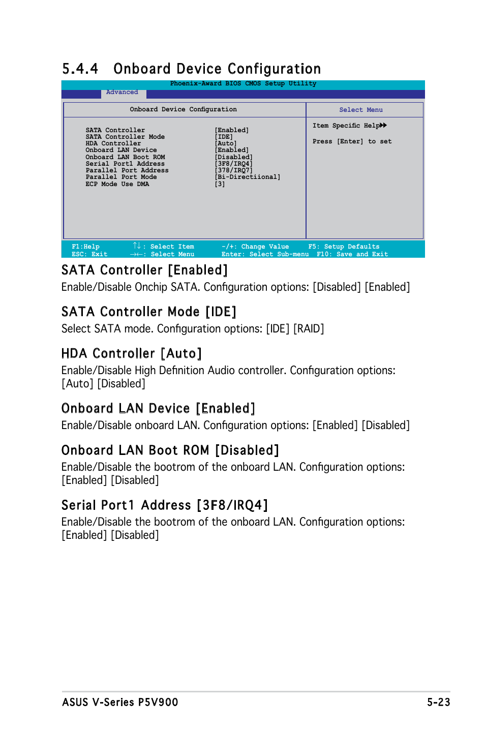 4 onboard device configuration, Sata controller [enabled, Sata controller mode [ide | Hda controller [auto, Onboard lan device [enabled, Onboard lan boot rom [disabled, Serial port1 address [3f8/irq4 | Asus V3-P5V900 User Manual | Page 87 / 98