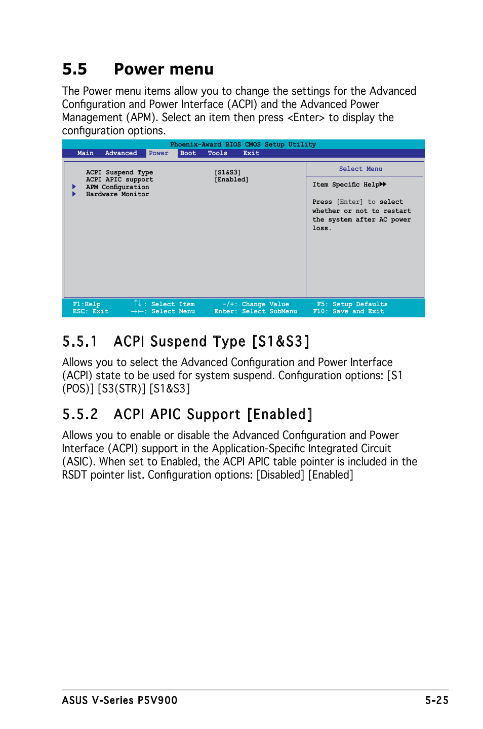 5 power menu, 1 acpi suspend type [s1&s3, 2 acpi apic support [enabled | Asus V3-P5V900 User Manual | Page 89 / 98