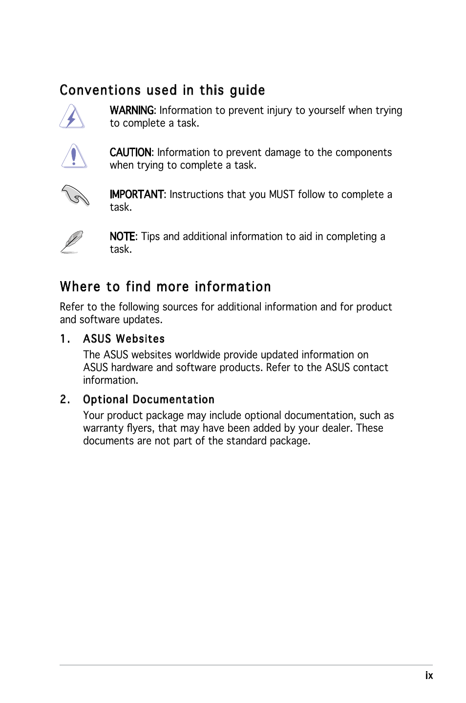 Conventions used in this guide, Where to find more information | Asus V3-P5V900 User Manual | Page 9 / 98