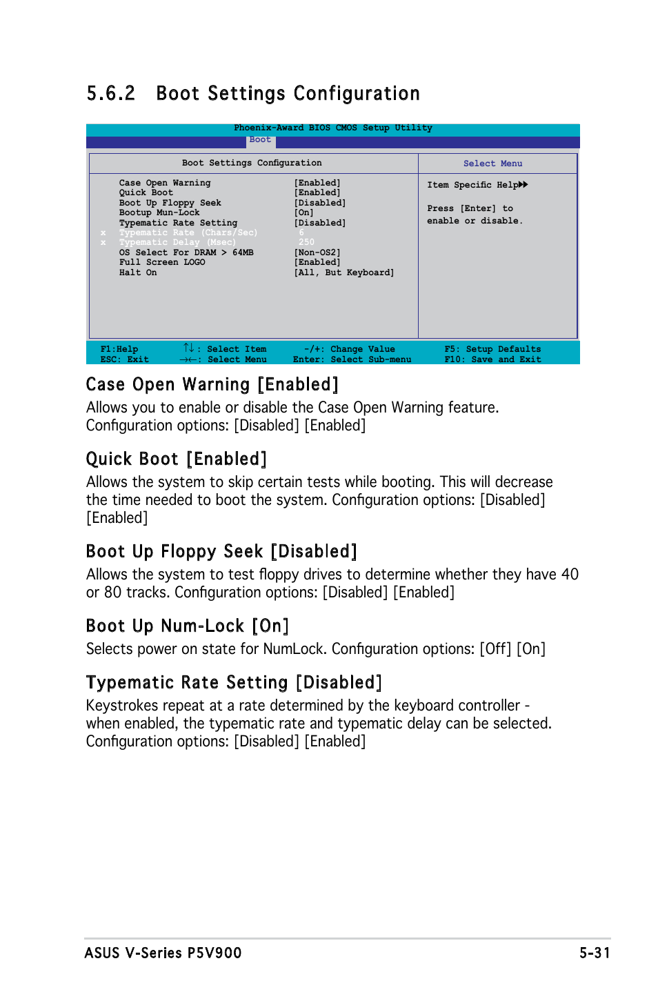 2 boot settings configuration, Case open warning [enabled, Quick boot [enabled | Boot up floppy seek [disabled, Boot up num-lock [on, Typematic rate setting [disabled | Asus V3-P5V900 User Manual | Page 95 / 98