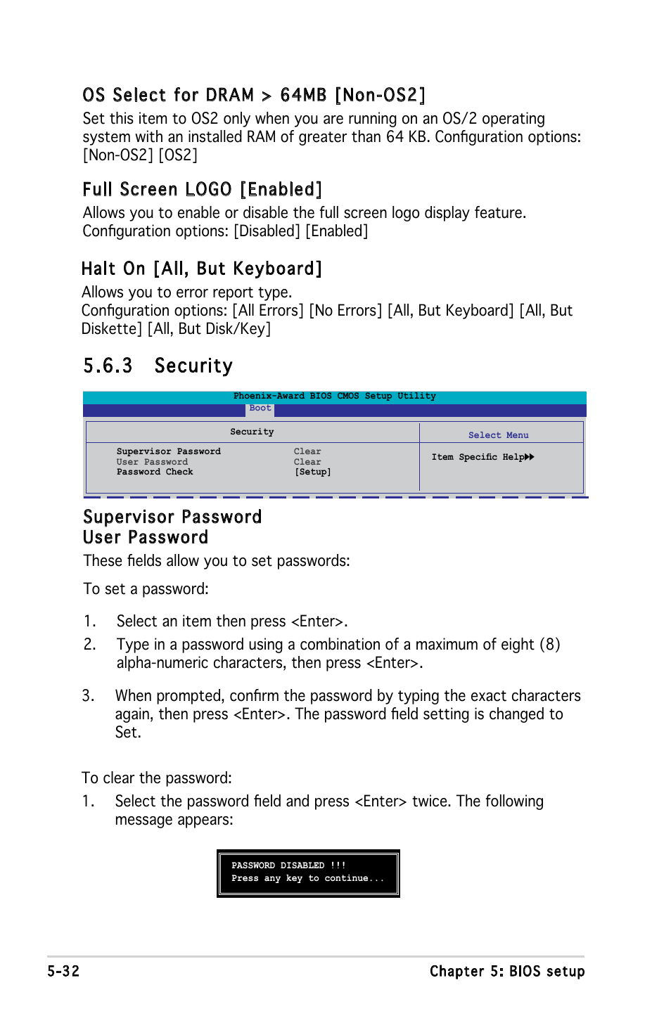 3 security, Os select for dram > 64mb [non-os2, Full screen logo [enabled | Halt on [all, but keyboard, Supervisor password user password | Asus V3-P5V900 User Manual | Page 96 / 98