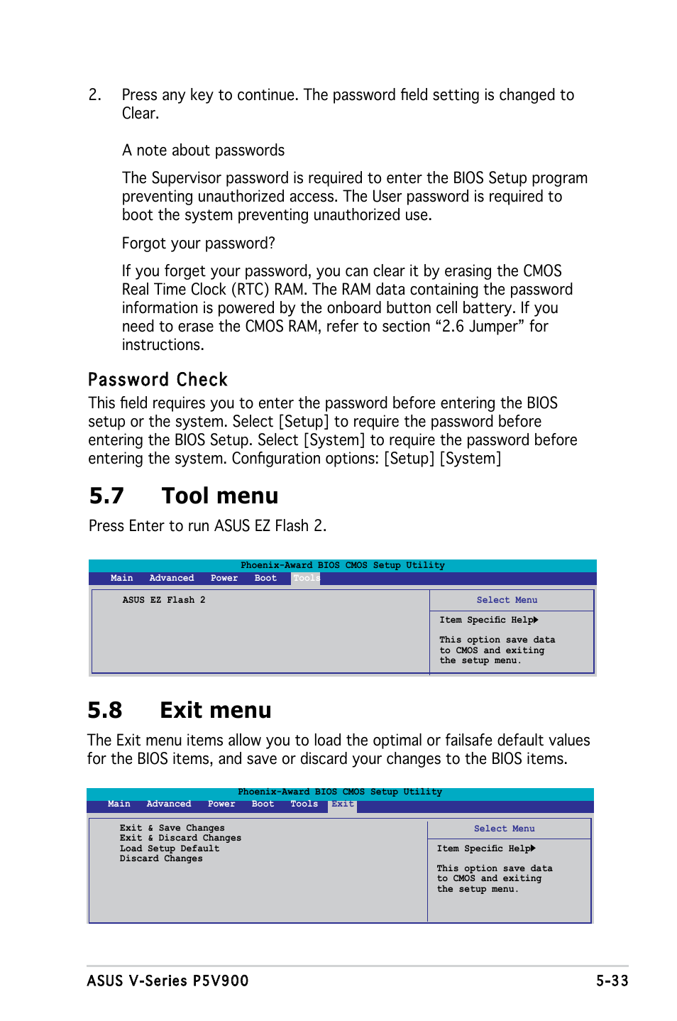 8 exit menu, 7 tool menu, Password check | Asus V3-P5V900 User Manual | Page 97 / 98