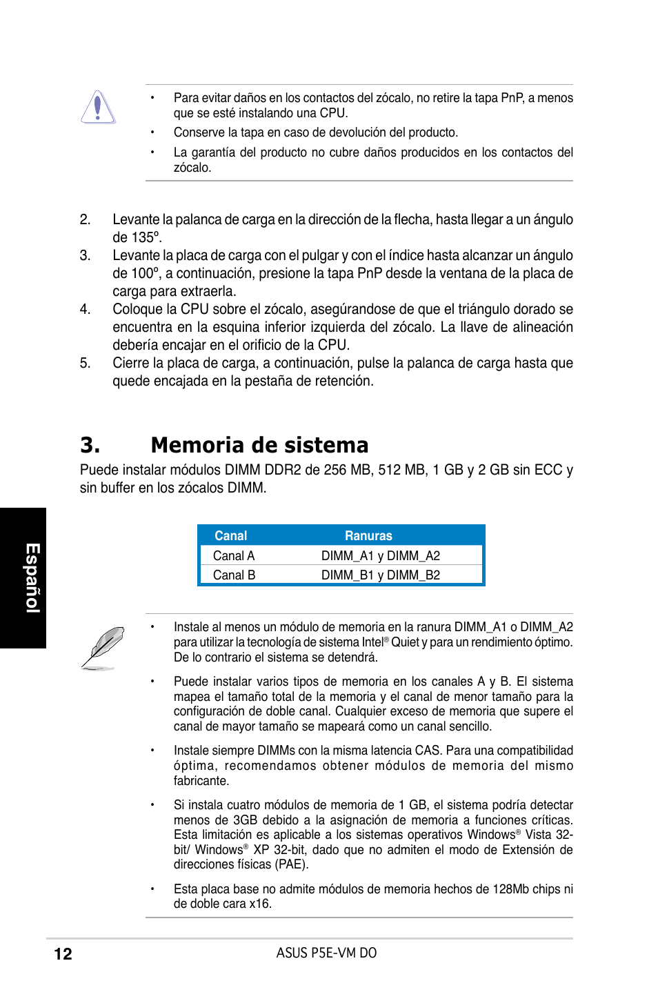 Español | Asus P5E-VM DO User Manual | Page 12 / 38