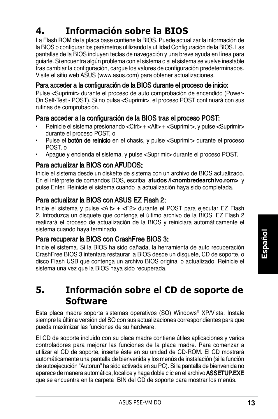 Información sobre la bios, Información sobre el cd de soporte de software, Español | Asus P5E-VM DO User Manual | Page 13 / 38