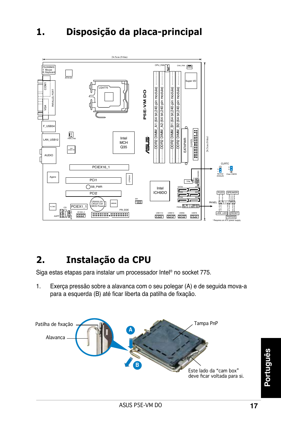 Disposição da placa-principal 2. instalação da cpu, Português, Asus p5e-vm do | Ab b | Asus P5E-VM DO User Manual | Page 17 / 38