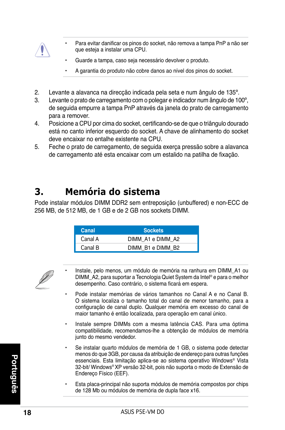 Memória do sistema, Português | Asus P5E-VM DO User Manual | Page 18 / 38