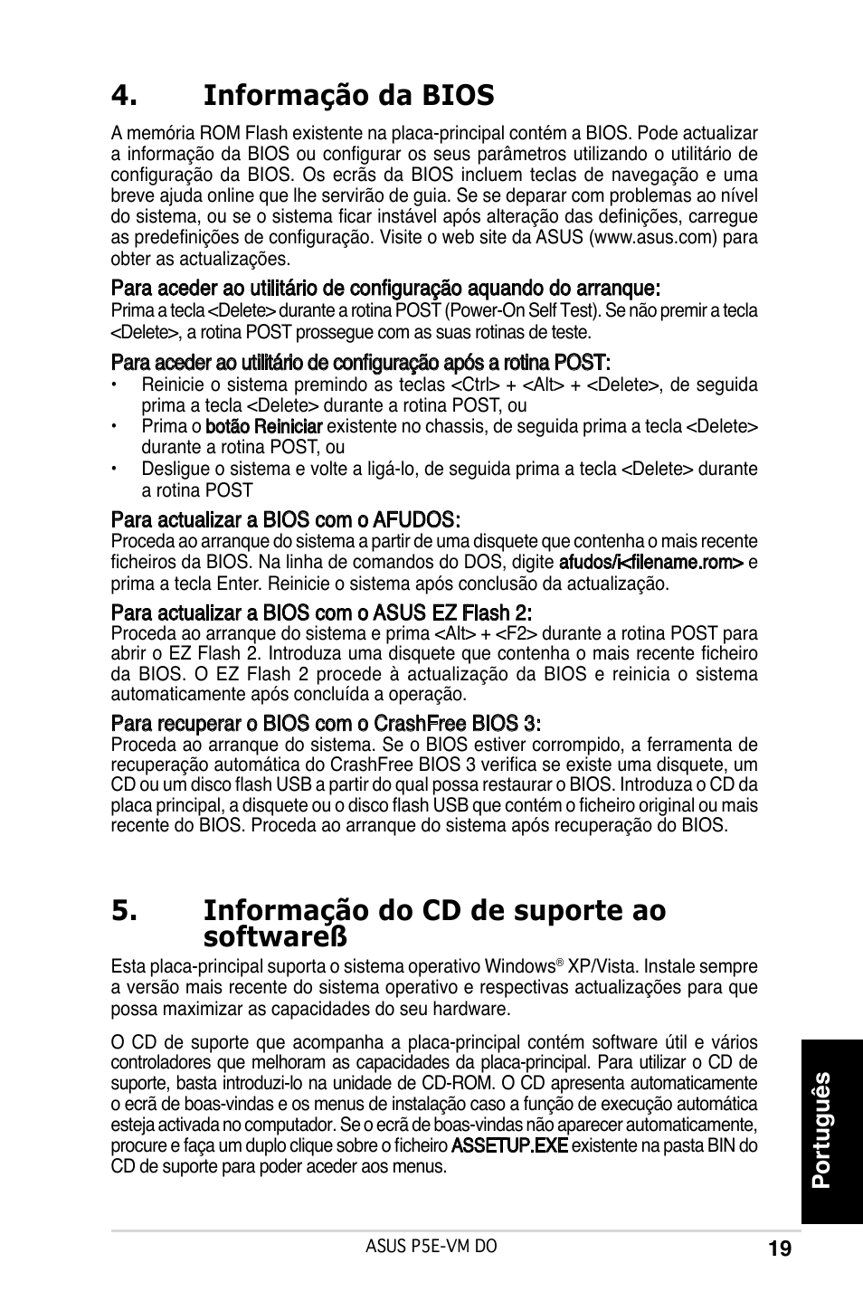 Informação da bios, Informação do cd de suporte ao softwareß, Português | Asus P5E-VM DO User Manual | Page 19 / 38