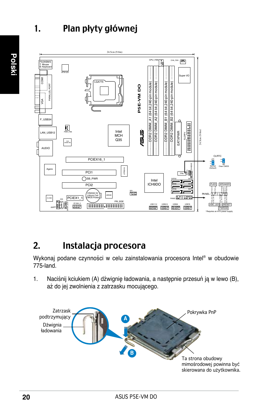 Plan płyty głównej 2. instalacja procesora, Polski, Asus p5e-vm do | Ab b | Asus P5E-VM DO User Manual | Page 20 / 38