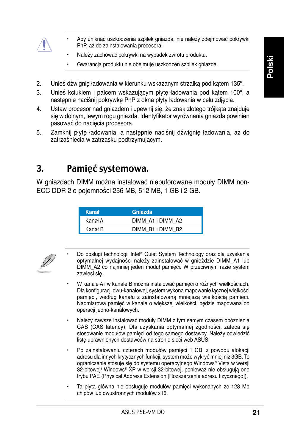 Pamięć systemowa, Polski | Asus P5E-VM DO User Manual | Page 21 / 38