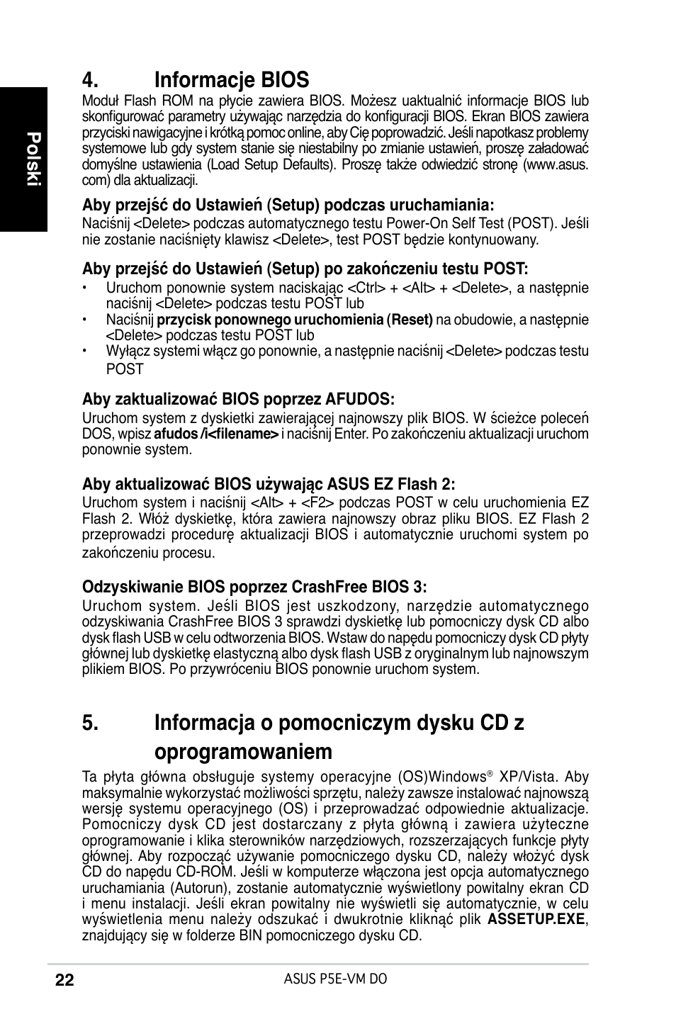 Informacje bios, Polski | Asus P5E-VM DO User Manual | Page 22 / 38