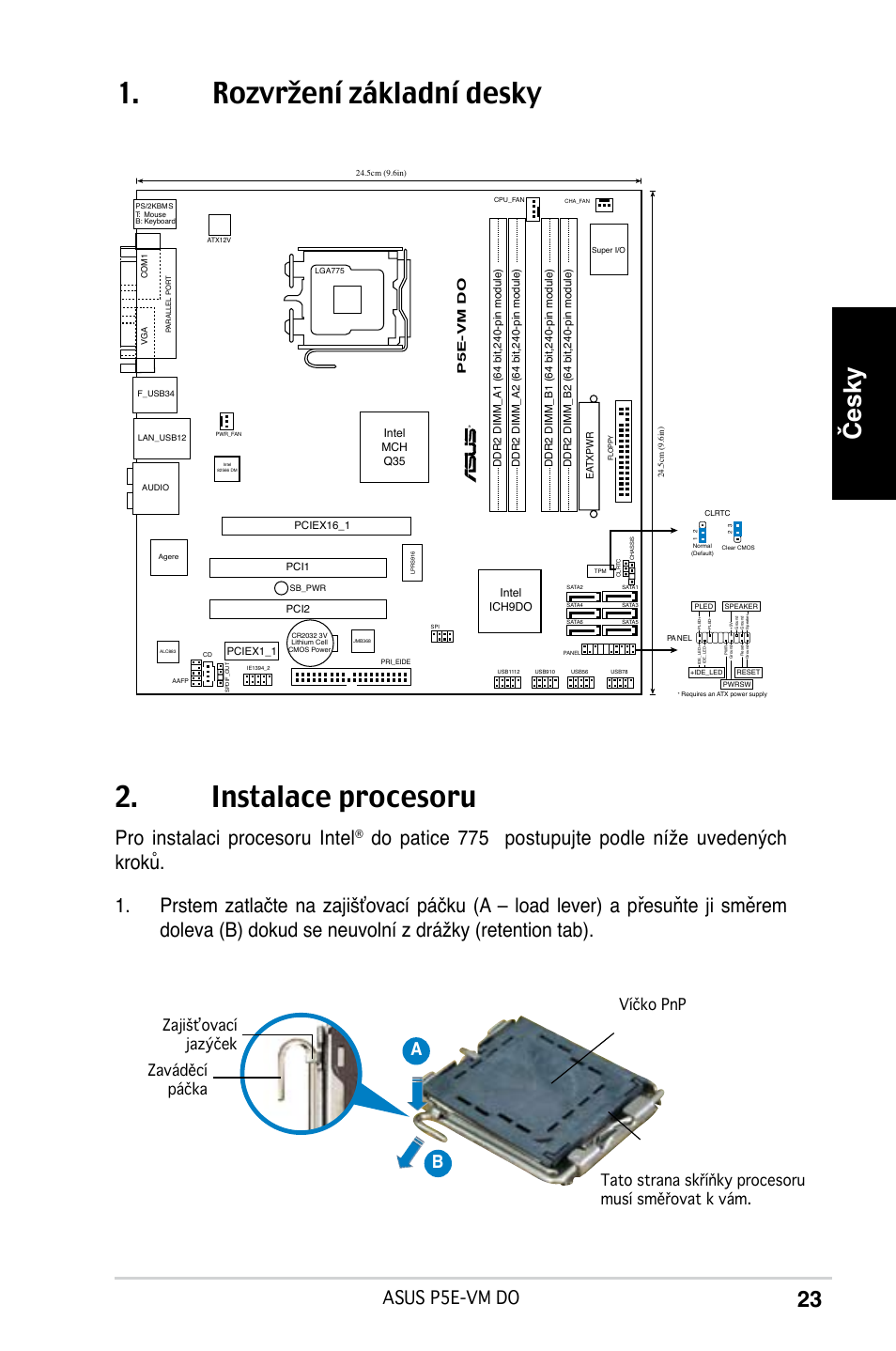 Rozvržení základní desky 2. instalace procesoru, Česky, Pro instalaci procesoru intel | Asus p5e-vm do, Ab b | Asus P5E-VM DO User Manual | Page 23 / 38