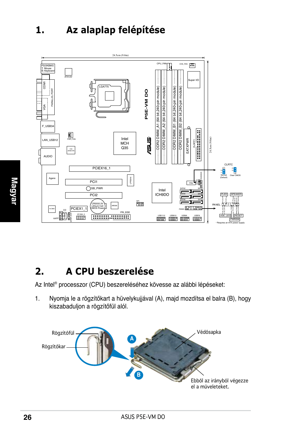 Az alaplap felépítése 2. a cpu beszerelése, Magyar, Az intel | Asus p5e-vm do, Ab b | Asus P5E-VM DO User Manual | Page 26 / 38